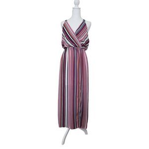 Monteau Maxi Dress Women's L Multi Color Stripes Faux-Wrap Racerback Blousson